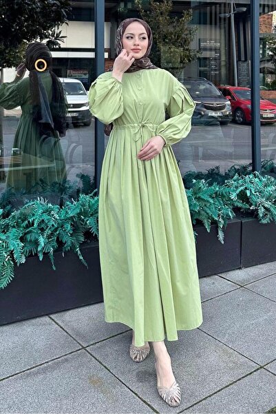 Oven Düğmeli Bel Büzgülü Elbise - Su Yeşili