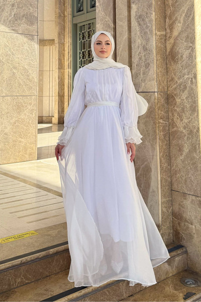 Ovn. Kolu Piliseli Şifon Elbise - Ekru