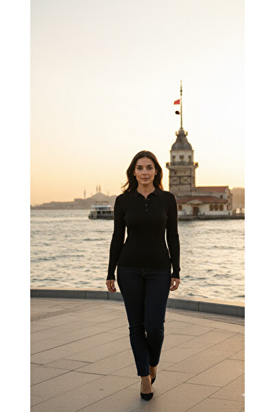 MELLY MORE Black Buttoned Poloyaka Sweater