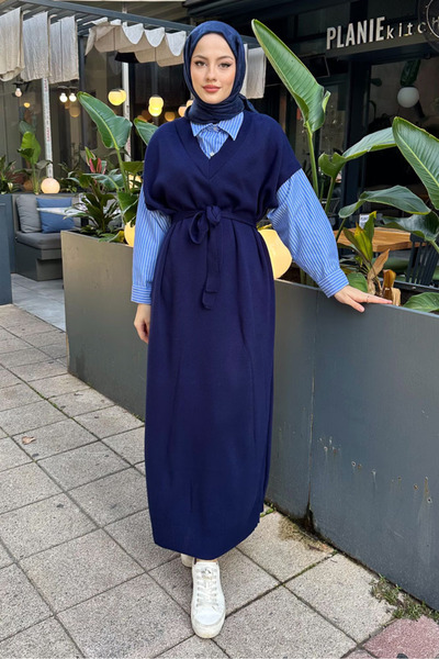 Oven Poplin Detaylı Triko Elbise - Lacivert