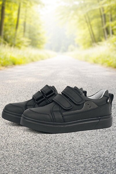 Rakerplus Siyah Hakiki Deri Cırtlı Erkek Çocuk Sneaker Ayakkabı