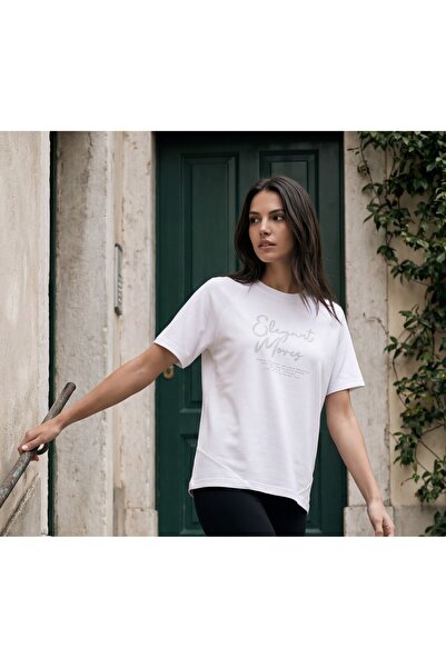 Amia&Co. Tricou de damă, 100% bumbac, alb, cu mânecă scurtă, decolteu tip cre...