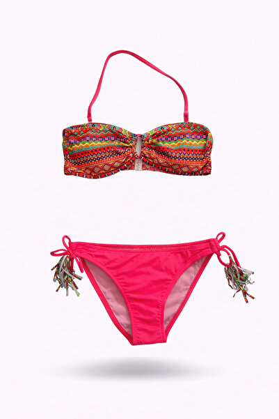 hazelin Kız Çocuk Fuşya Çok Renkli  İp Detaylı Astarlı 4-12 Yaş Üçgen Bikini ...