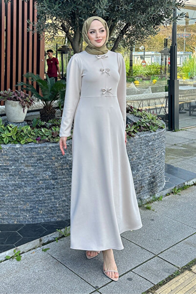 Ovn. فستان سكوبا بتفاصيل شريطية - لون حجري