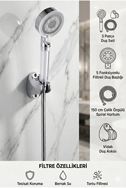 Plodna House Filtreli Beyaz Çelik 5 Fonksiyonlu Duş Başlığı Seti – 150 cm Çel...