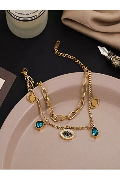 DEMOKAN Kadın 2'Li Kombin Mavi Göz Su Damlası Detay Çelik Ayarlanabilir Çelik...