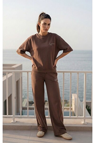 Amia&Co. Brown Oversize Embossed Print Women's Tracksuit Bottom and Top Set