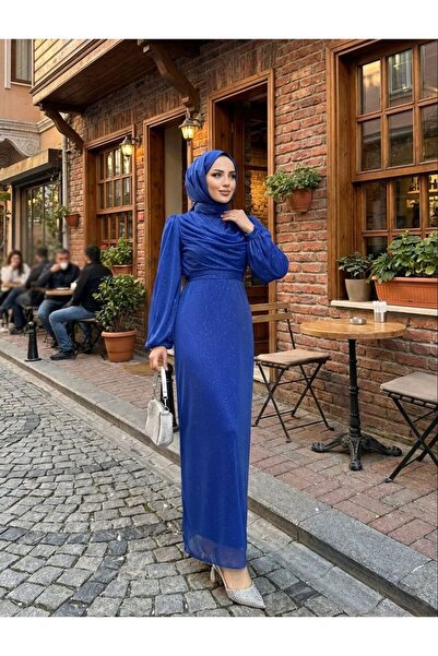 Tarzım Tuba Dagaje Detaylı Simli Tesettür Abiye Mavi Elbise