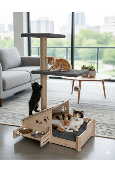 RealWood Ahşap Çok Katlı Kedi - Köpek Evi - Mama Kabı - Tırmalama Çubuğu - Oy...