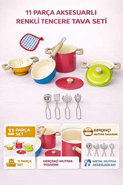 YILDIRIM OYUNCAK 11 Parça Renkli Emaye Tencere Tava Seti Evcilik Mutfak Tence...