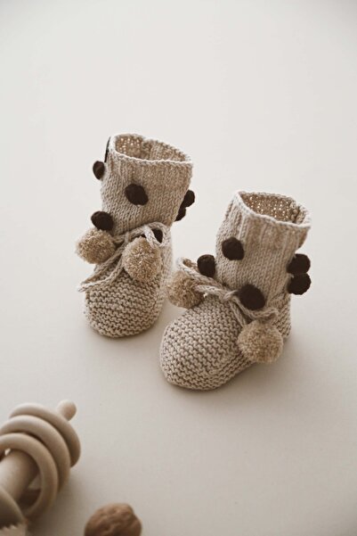 OhlalaKoala Bej Ponponlu Örgü Patik Bebek 0-12 Ay