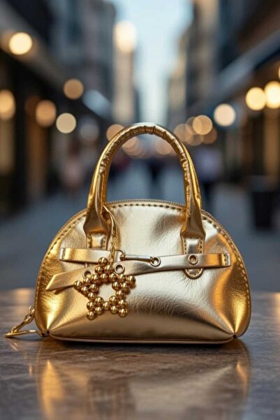 ÇANTA Altın Rengi gold el ve omuz Çantası (Yıldız Charm HEDİLİYELİ)