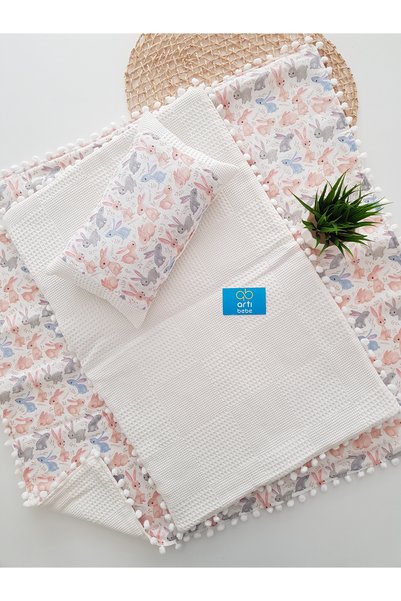 artıbebe Rabbit 3-Piece Bottom Sheet Set: Blanket, Bottom Sheet, and Pillow – 100% Cotton