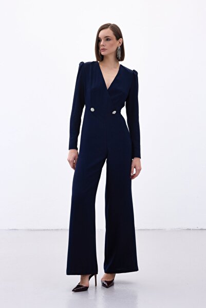 Sateen Kruvaze Süs Taşlı Krep Tulum - Lacivert