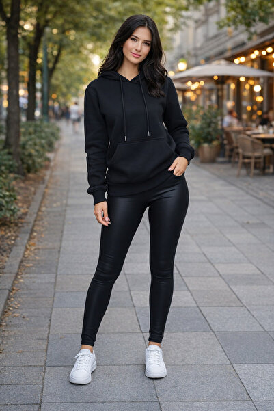 Lasirius Women's Oversize Black Hooded Sweatshirt Premium 3 Thread Ribbed