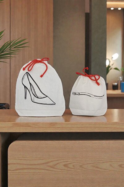 Baskılı Pamuk Kese Stiletto Kemer Çanta Bavul Düzenleyici Seyahat Organizer Kesesi -2’li Set