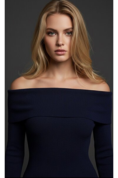 Be Best Γυναικεία μπλούζα Navy Blue Madonna Collar πλέξη ριμπ BE165