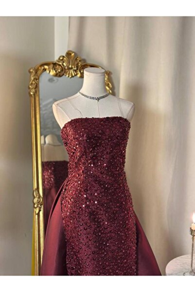 vanus fashion 6157- فستان سهرة أحمر بتطريز فاخر ولمعة جذابة مع ذيل ملكي