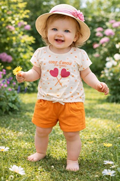 Nazar Bebe İncibaby Kız Bebek Takım Kalp Baskılı Süprem Kumaş