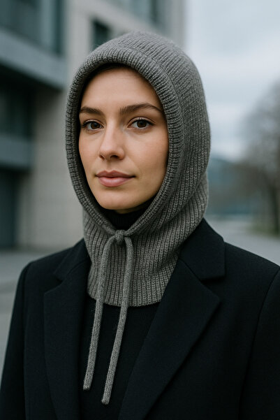 Luminos Butik Women's Knitwear Anthracite Balaklava Neck Collar Hat Byn05