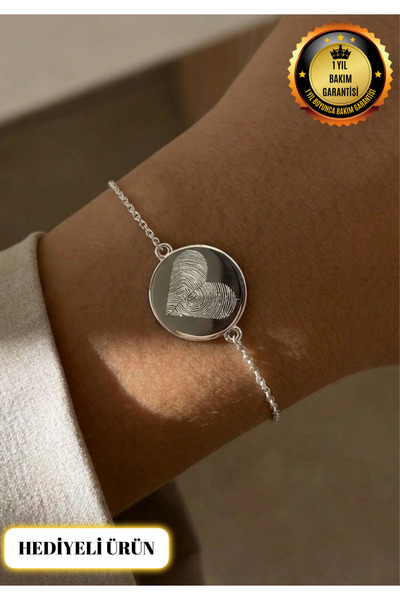 Lunea Co 925 Ayar Gümüş Kişiye Özel Parmak İzi Kalp Bileklik-Altın Kaplama-Se...