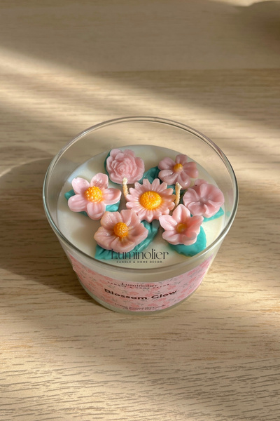 Luminolier Kiraz Çiçeği Kokulu Çiçek Süslemeli %100 Doğal Soya Mum | Cam Kava...