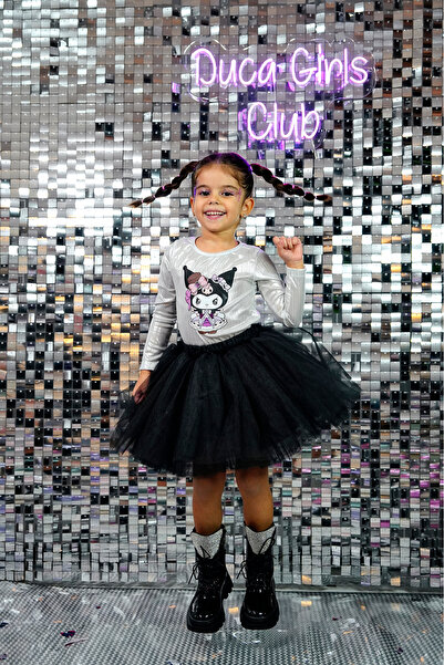DUCA KIDS Sparkly Long Sleeve Kuromi Themed Bodysuit Black and Tulle Skirt 2-...