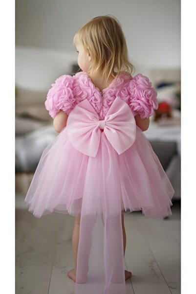 BİLGEN Style فستان بناتي باللون الوردي الفاتح بأكمام بالون وتفاصيل ذيل وربطة ...