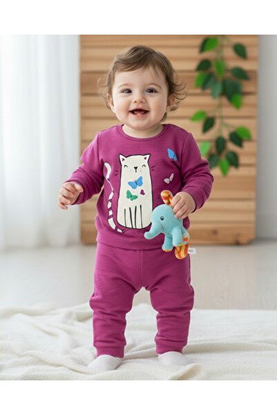 Ege Bebek طقم أطفال أنيق مطبوع عليه طفلة وقطة وفراشة موسمي من عمر 6 إلى 36 شه...