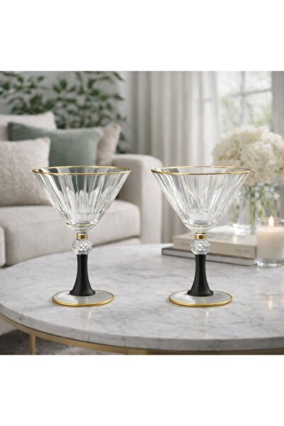 HUBART Regalia Lüks Siyah Ayaklı Gold Detaylı Kokteyl Kadehi Seti – Özel Tasa...