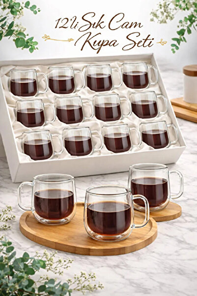 Berdina Home 12'li Çift Camlı Çift Cidarlı Cam Kupa 350 ml Ev Ofis Fincanı Çi...