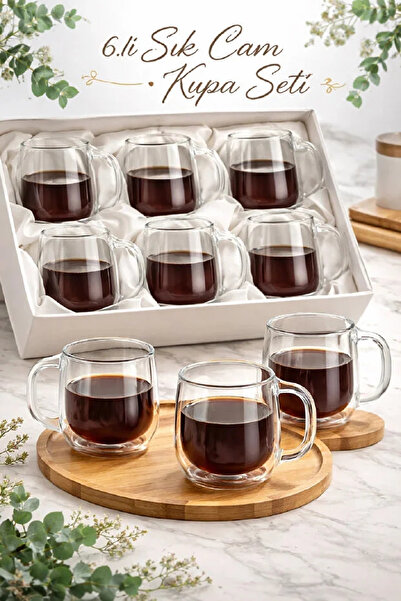Berdina Home 6lı Çift Camlı Çift Cidarlı Cam Kupa 350 ml Ev Ofis Fincanı Çift...