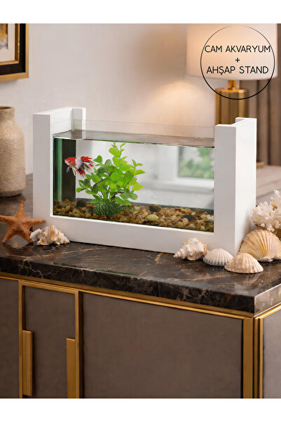 Okay Beta Balık Akvaryumu Ahşap Çerçeveli Dayanıklı Modern Şık Tasarım