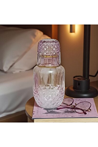 HUBART Pembe Cam Başucu Sürahisi ve Bardak Seti 525 ml – Gold Detaylı Şık Tas...