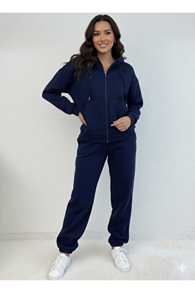 SAAT TEKSTİL Saat Textile Navy Blue Hooded Zippered Thick Winter Oversize Wom...