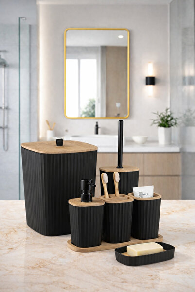 Okyanus Home Adhesive Real Bamboo Black 6-Piece Sapphire Bathroom Set