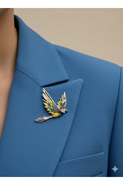 FA LORA TAKI Altın Kaplama Renkli Mineli Zirkon Taşlı Kırlangıç Kuş Broş