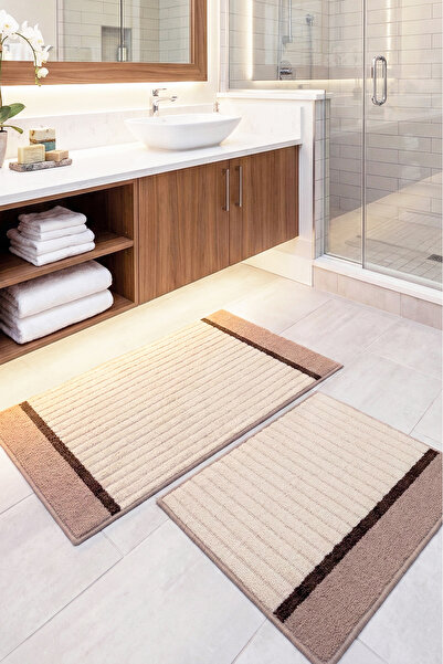 MELARİS HALI Bath Mat Set of 2 Washable Woven Surface Non-Slip Base Toilet Se...