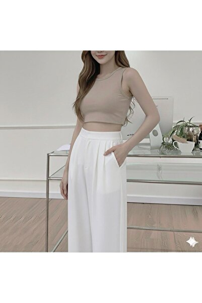 ORVINA Kadın Beyaz Yüksek Bel Palazzo Pantolon-Tok kumaş