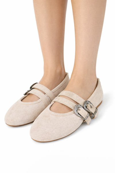 RoseVeno حذاء باليه نسائي يومي مصنوع من الجلد السويدي مع إبزيم