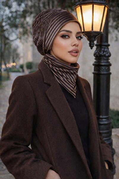 Aişe tesettür Füme Çizgili Kadife Bere Ve Etol Takım