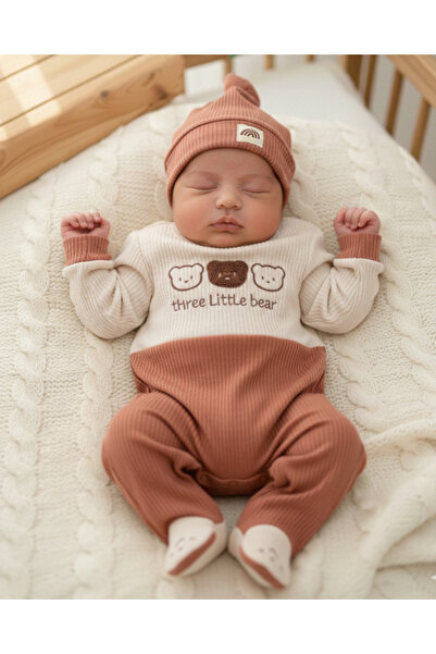 voyyo kids baby Erkek Bebek 0-3 / 3-6 Ay Mevsimlik Ayı Baskılı Şapkalı Esnek ...