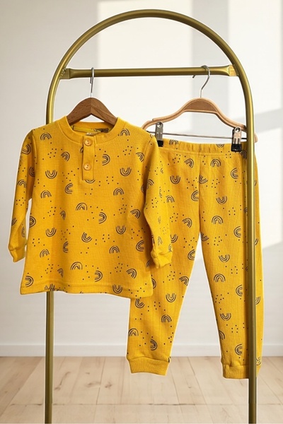 morbella Girls/Boys Long Sleeve Patterned Cotton Pajama Set Waffle Fabric