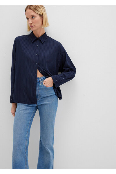 Mavi Çizgili Lacivert Gömlek Oversize / Geniş Kesim 1210878-83699