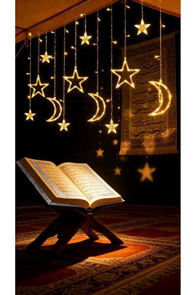 Yoawllty أضواء رمضان، 3.5 متر، 138 مصباح LED، ستارة على شكل قمر ونجمة، لون أب...