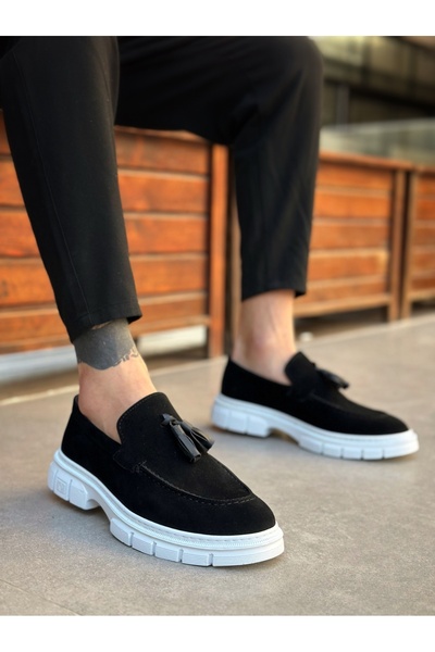 BOA Ανδρικά παπούτσια BA0240 Classic Shiny Tasseled Suede Μαύρο Λευκό Σόλα