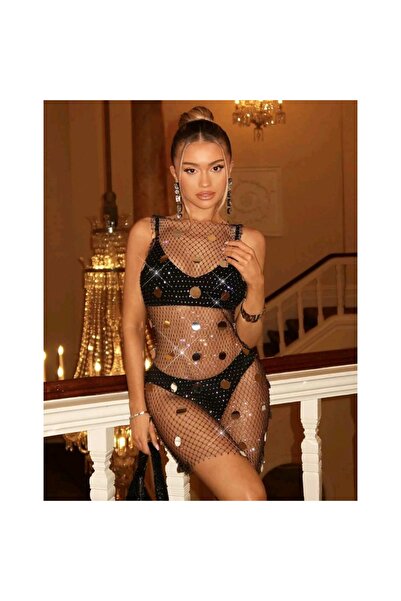 Generic Brand Sparkly Sequin, Stone Mesh Dress – Sleeveless, Transparent, Shi...
