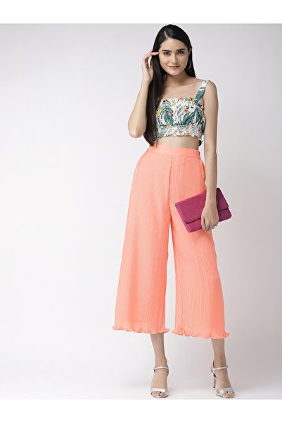 Mish By Styli Women Peach Pleated Flared Trousers