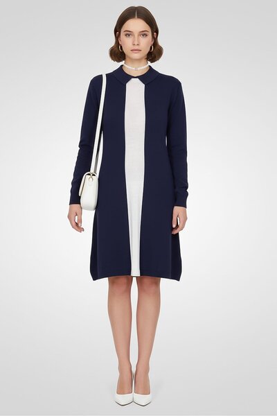 Lacoste فستان نسائي قصير كاجوال مخطط واحد، أزرق داكن