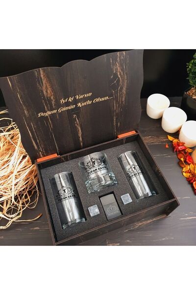 hediyekralı Kişiye Özel Hediye Seti. 2 Li Rakı Bardağı, Viski Bardağı, Çakmak...